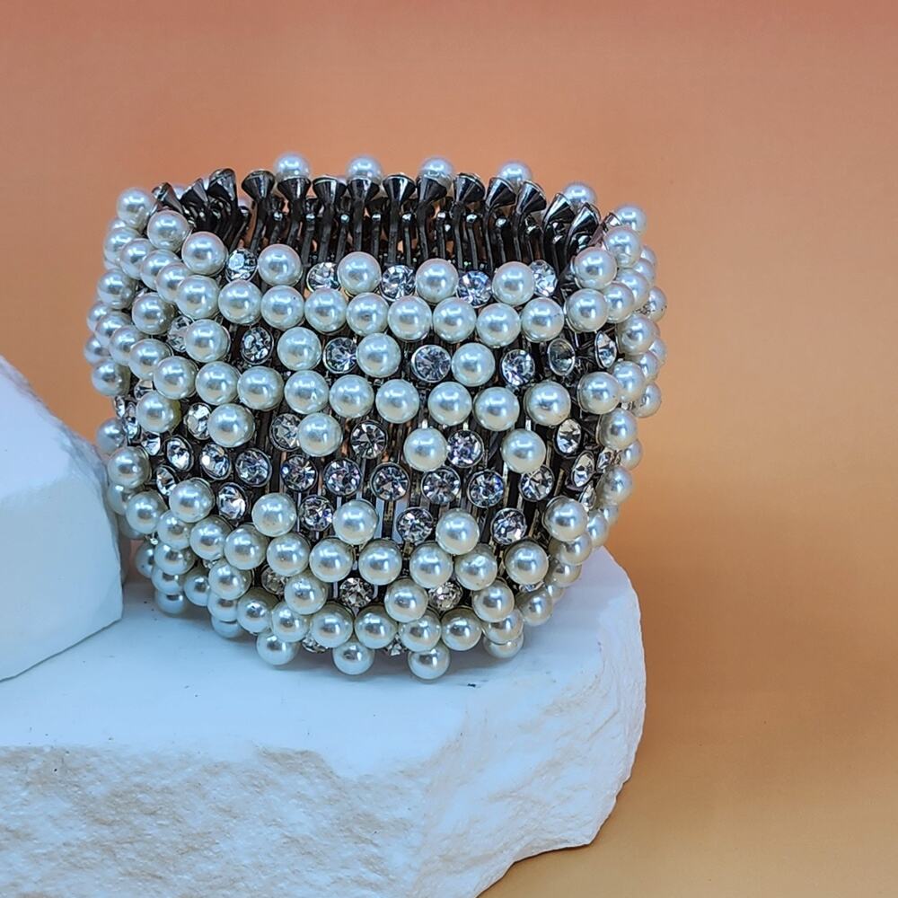 Faux Pearl Rhinestone Wide Stretch Cuff Bracelet Silver Tone Vintage Statement